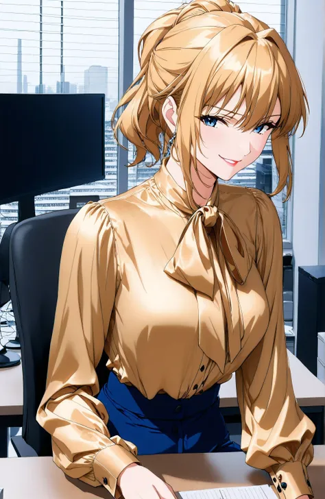 lxlre2, a1ka, (masterpiece, detailed:1.4), <lora:animereal-000007:0.6>, (((bow blouse))), (((wide shot))), sitting front of desk, <lora:shizuku_kousaka-na_honjaman_level_up_s2-pxl-anime-soralz:1.4>, solo girl, (((sitting in front of the desk))), large size...