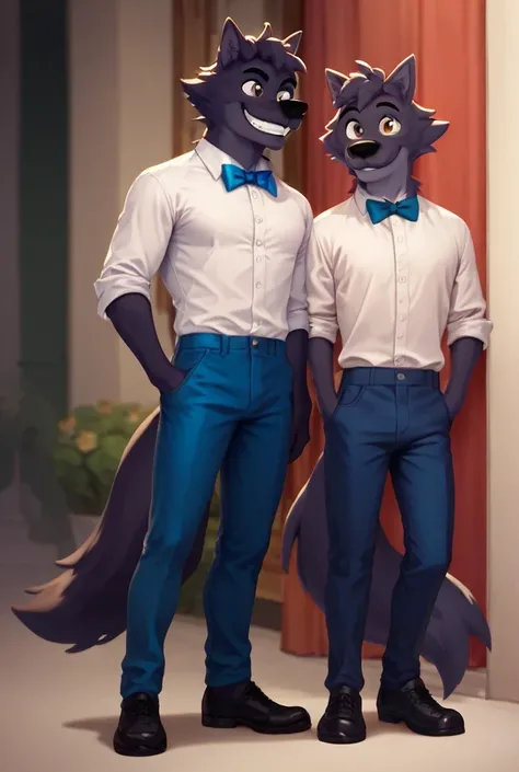 Lupin, brown eyes, black fur, wolf, male, semi anthro,red tailcoat, white shirt, blue pants, black shoes, blue bowtie, standing, smiling