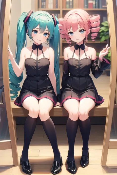 (best quality)), ((masterpiece)), ((detailed))。2 girls。Hatsune Miku。Kasane Teto。twin drill。Mirror House。((lots of mirrors 。The mirror images of the two of us are alternately reflected in the mirror))。Suspicious Smile。