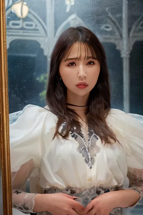  Wonderful, (sheer lace dress:1.2),(She is wearing a highly revealing white micro lingerie set:1.2),sexy girl with blue eyes. ((Close-up shot of the mirror showing the girl's face:1.3)),The Girl in the Polished Mirror、(((The girl's face is reflected in the...