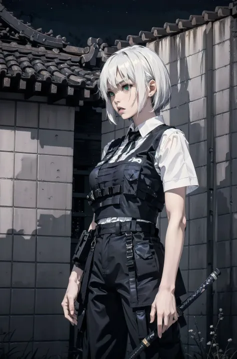 1 Japanese female high school student, solo, gripping a single one razor-sharp Japanese katana with a long, meticulously honed blade, performing an elegant sword dance, (best quality, 4k, 8k, highres, masterpiece:1.2), ultra-detailed, (realistic, photoreal...