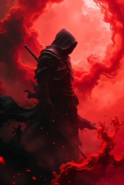 lone hooded warrior in a dark red and black mist, sword dissolving into ink, swirling flux effect, double exposure, ink painting style, ghostly warrior silhouette, cinematic shadows
