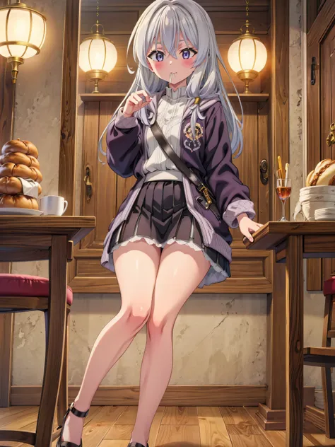 Highly detailed, high quality, masterpiece, beautiful, (all photo shooting), girl child student, spreading her legs, vagina visible, eating a bread, perfect eyes, yellow eyes, light eyes, blushing face, big thighs, medium chest, long hair, brown hair, with...