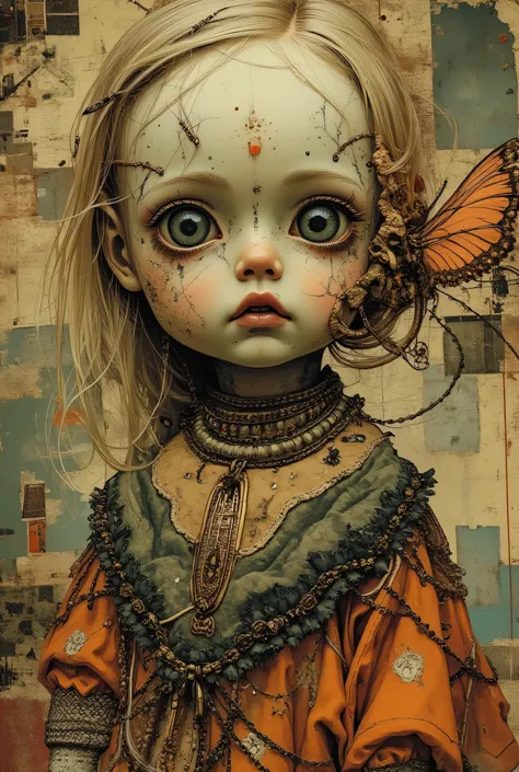 Abandoned Doll, style by hans giger, alfred kubin, gothic, superimposition, romanticism, art-deco, blank stare, wind, noise, anxiety, colorful, intricate details, professional photoshoot, vivid colors, chiaroscuro lighting, realistic, hyper-detailed, ultra...