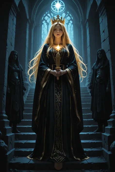 A majestic and radiant Inanna, Sumerian goddess of love, war, and justice, wearing a golden crown shaped like an eight-pointed star and flanked by lions, descends a shadowed staircase into the dark realm of her sister Ereshkigal. She is adorned in layered,...