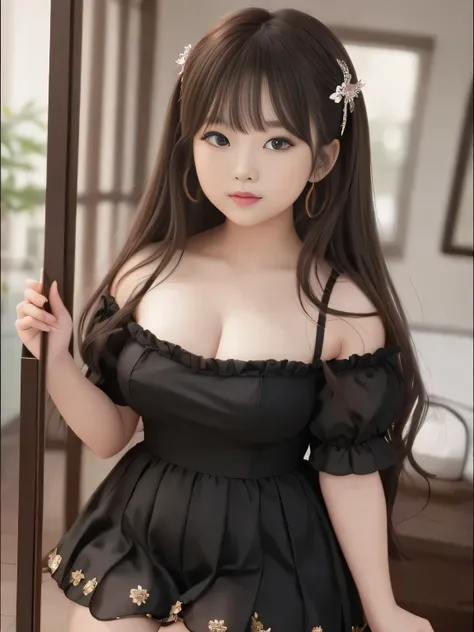 (Highest Quality)、masterpiece、hyperrealism、Great highlights、Princess、 featuring a woman with sex appeal、I'm looking at myself in a broken mirror、 Mysterious expression、The Girl in the Mirror is a Seductive Witch、 Glossy Brown Hair 、middle twin tail、cute、li...