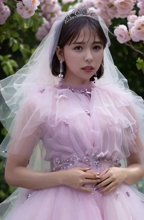 Naked,Shy from," figure, Strapless Bride Outfit,A small silver tiara,Huge Chest,Saggy saggy breasts,  emphasizes deep cleavage  ,Bust fully exposed,transparent princess skirt,Church wedding,there are many participants behind you, perfect body, (Highest Qua...