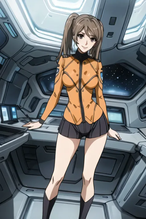 woman with brown hair and twin tails,orange uniform with black lines,Suit,I wonder if I can draw a more delicate expression than,Beautiful legs,Standing at the teacher's house,I'm inside a spaceship,Smiling Woman,,expression is most important, So、 without ...