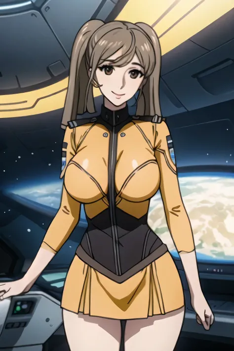 can you draw your fingers and toes more delicately,Can you draw a woman with brown hair and twin tails,orange uniform with black lines,pleated mini skirt,Suit,Can you draw a more delicate expression,Beautiful legs,Standing at Teacher's House,I'm inside a s...