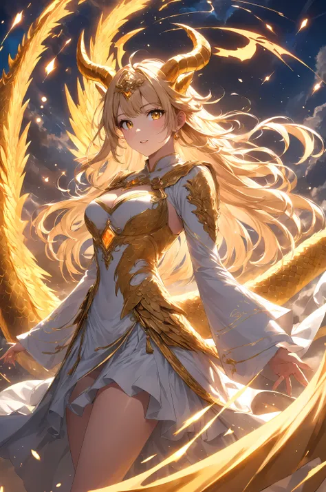 esthetic, masterpiece:1.5, anime style, Digital Painting, Highly detailed, sharp focus, HDR, cinematic lighting, Glowing ambient light, Dramatic Backlighting, 1girl, Front Map, standing pose, A scene of intense awakening from a broken sky above, An express...