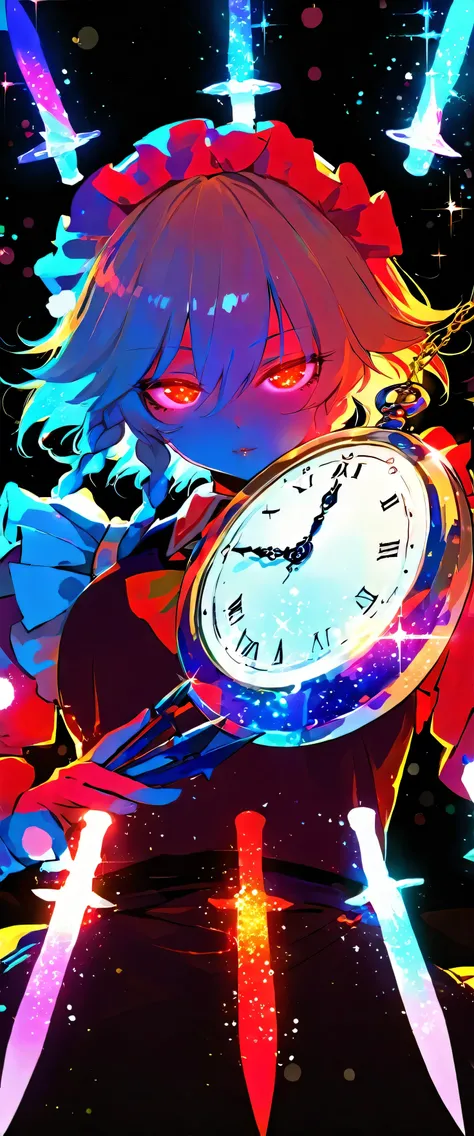 touhou project,Izayoi Sakuya,(beautiful girl: 1.3),masterpiece,Ultra-high resolution,Rich contrast,Very high quality,8k,Highly detailed CG unit wallpaper,Texture,So ridiculous,RAW Photos,Depth of written boundary 1.2,ultra-detailed eyes,Glowing Skin,Glitte...