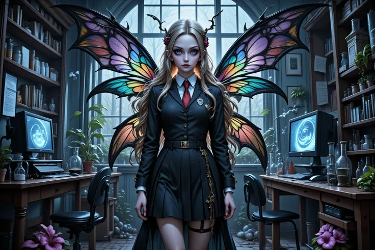Faeothic,zavy-ctcmcs,w1n,hyp3rd3tail style,a picture of dark goth  fairy in her school science lab, casting a spell on dark plants, that grow wildly an exquisite beautiful female fairy, long blond hair, braided hair, dark colorful wings, pink eyes, wearing...