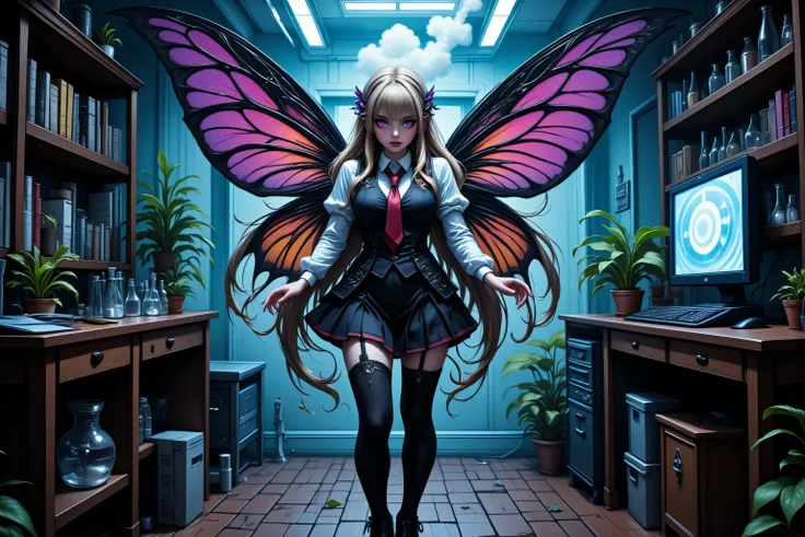 Faeothic,zavy-ctcmcs,w1n,hyp3rd3tail style,a picture of dark goth  fairy in her school science lab, casting a spell on dark plants, that grow wildly an exquisite beautiful female fairy, long blond hair, braided hair, dark colorful wings, pink eyes, wearing...