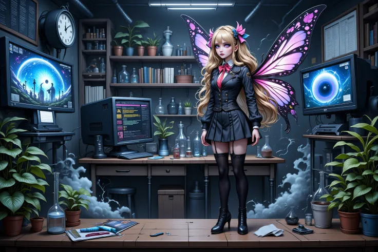 Faeothic,zavy-ctcmcs,w1n,hyp3rd3tail style,a picture of dark goth  fairy in her school science lab, casting a spell on dark plants, that grow wildly an exquisite beautiful female fairy, long blond hair, braided hair, dark colorful wings, pink eyes, wearing...