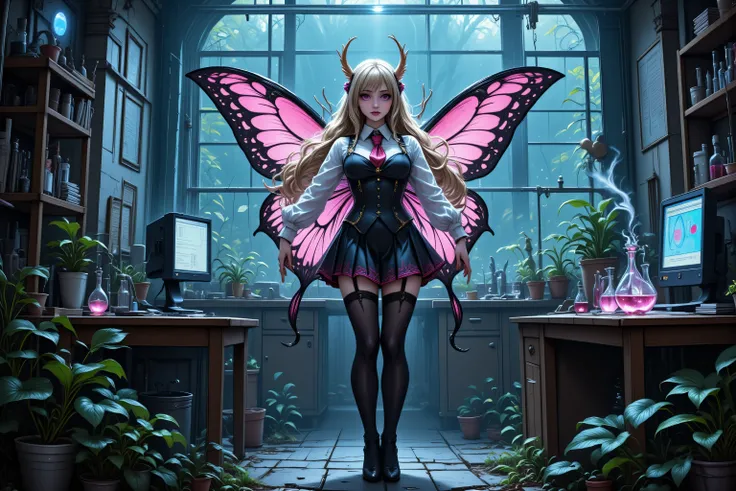 Faeothic,zavy-ctcmcs,w1n,hyp3rd3tail style,a picture of dark goth  fairy in her school science lab, casting a spell on dark plants, that grow wildly an exquisite beautiful female fairy, long blond hair, braided hair, dark colorful wings, pink eyes, wearing...