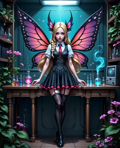 Faeothic,zavy-ctcmcs,w1n,hyp3rd3tail style,a picture of dark goth  fairy in her school science lab, casting a spell on dark plants, that grow wildly an exquisite beautiful female fairy, long blond hair, braided hair, dark colorful wings, pink eyes, wearing...