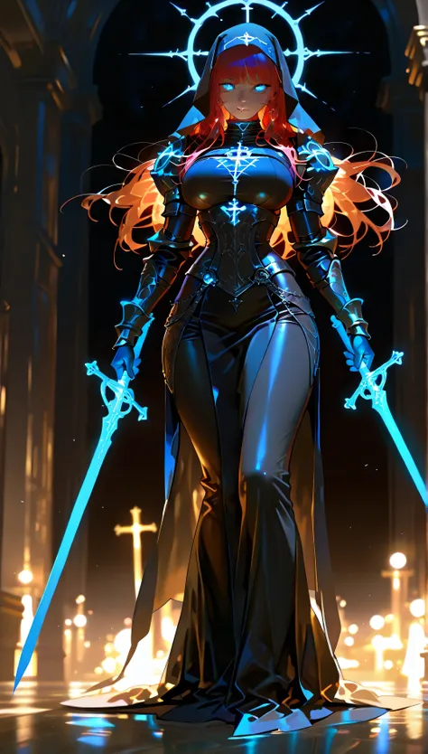 masterpiece, high quality, 4K HD, very aesthetic, 1 girl, long hair, nun, big breasts, dark background, photorealistic, free pose, blue glowing eyes, front bangs, (slim waist), wide hips, holding 1 sword, armor, full body