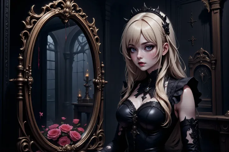 Faeothic,zavy-ctcmcs,w1n,hyp3rd3tail style,a picture of dark goth  vampire looking into a mirror,  the mirror has rose motifs, blood dripping from the mirror,  an exquisite beautiful female vampire, long blond hair, glowing eyes, pale skin, vampire fangs, ...
