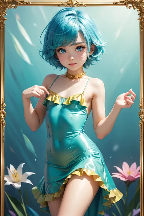 Femboy,otoko no ko,((flat chest)),(blue Aqua) hair, (short hair), blue eyes,cute face, shy face,smooth skin, hot body, gold frilled dress, short dress, rainbow dress, hot pose, sexy fose, lily background golden frame