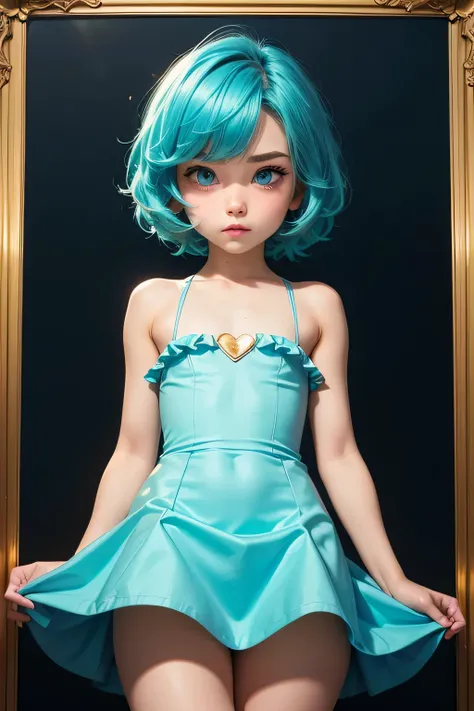 Femboy,otoko no ko,((flat chest)),(blue Aqua) hair, (short hair), blue eyes,cute face, shy face,smooth skin, sexy body, gold frilled dress, short dress, blue dress, hot pose, sexy fose, lily background golden frame