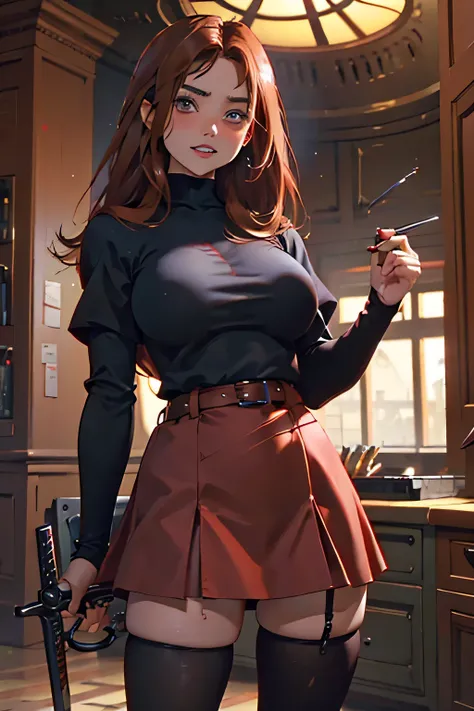 Beautiful girl with brown eyes . red hair . huge chest .  short black miniskirt  , stockings on legs .  crazy look . angry grin . knife in hand . Beautiful girl with brown eyes . red hair . huge chest . short black miniskirt , stockings on legs . crazy loo...