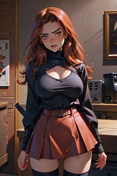 Beautiful girl with brown eyes . red hair . huge chest .  short black miniskirt  , stockings on legs .  crazy look . angry grin . knife in hand . Beautiful girl with brown eyes . red hair . huge chest . short black miniskirt , stockings on legs . crazy loo...