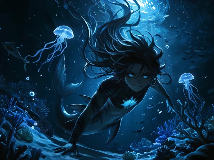 masterpiece, best quality, newest, dynamic angle, ((male siren, mermen tail)), ((floating hair, swimming male siren, mermen)), swimming towards the viewer as if ready to attack the viewer, swirling bubble effects, sea anemone decorations, glowing plankton...