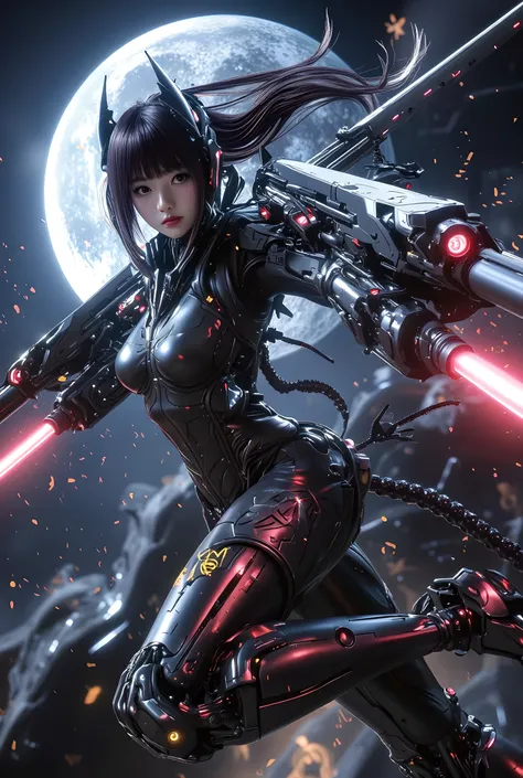 A Unity-style photorealistic girl in high-speed battle, flying with dynamic poses, wielding huge double-arm cannons and shoulder-mounted laser beams. Glossy effects, ultra-high density resolution (124k). Cinematic lighting with vivid contrasts and shadows....