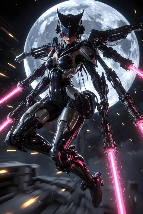 A Unity-style photorealistic girl in high-speed battle, flying with dynamic poses, wielding huge double-arm cannons and shoulder-mounted laser beams. Glossy effects, ultra-high density resolution (124k). Cinematic lighting with vivid contrasts and shadows....