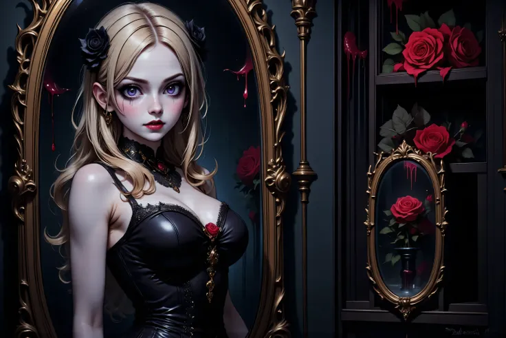 Faeothic,zavy-ctcmcs,w1n,hyp3rd3tail style,a picture of dark goth  vampire looking into a mirror,  the mirror has rose motifs, blood dripping from the mirror,  an exquisite beautiful female vampire, long blond hair, glowing eyes, pale skin, vampire fangs, ...