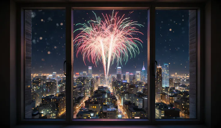 Scenery Seen Through a Window,Windowside with fireworks visible、high quality realistic 3d rendering,precise texture,Sparkling night view,Deep Colors,sophisticated composition,Charming Atmosphere,Delicate Details,Exquisite Bokeh ,Masterpiece,City,Lots of fi...