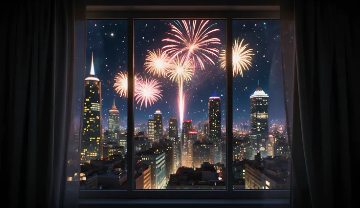 Scenery Seen Through a Window,Windowside with fireworks visible、high quality realistic 3d rendering,precise texture,Sparkling night view,Deep Colors,sophisticated composition,Charming Atmosphere,Delicate Details,Exquisite Bokeh ,Masterpiece,City,Lots of fi...