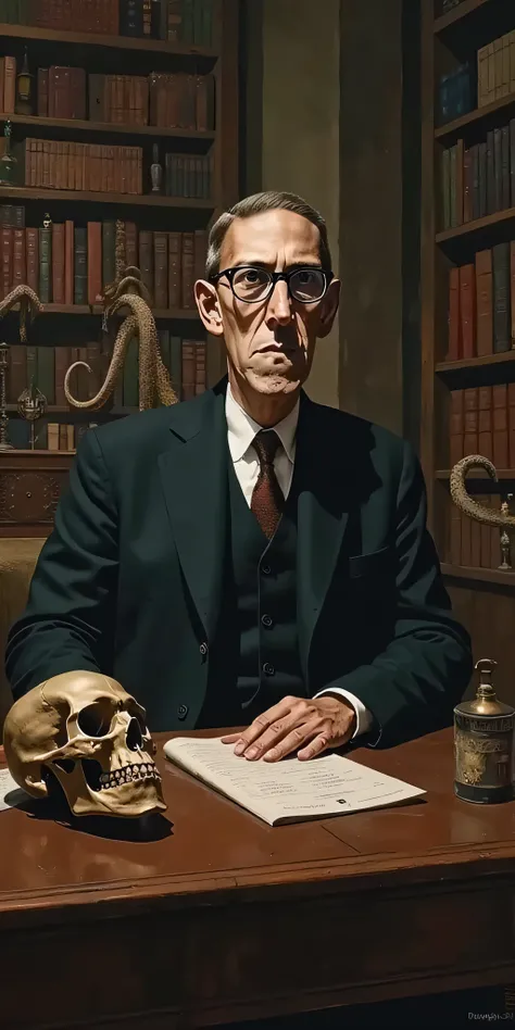 H.P. Lovecraft wearing vintage black round framed glasses sitting at a desk in his study, portrait, skull on desk, tentacles coming out of the bookcase in background, Gothic study background, dark surrealism, high detail, masterpiece.