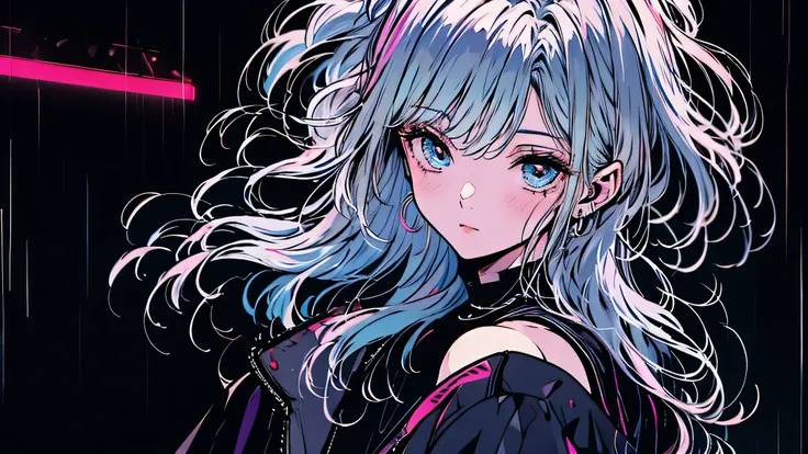 A cinematic close-up of a young woman walking briskly through a neon-lit rainy street at night, her hair flowing with her movement, wet pavement reflecting streaks of pink and blue light, slight motion blur on her face and shoulders, atmosphere is stylish,...