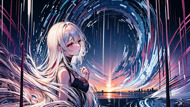 A surreal cinematic close-up of a young woman standing at an open window in the rain, overlooking a luminous night city. The city lights bend and dissolve into flowing threads of watercolor, intertwining like woven fabric across the skyline. Her reflection...