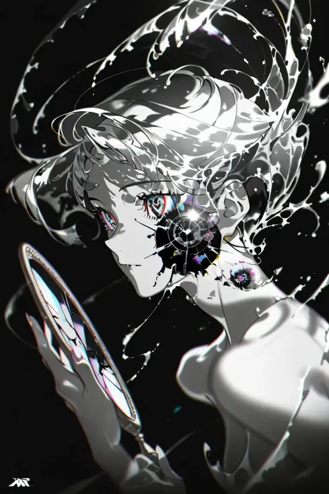 (masterpiece , best quality:1 . 4) , ((The Face in the Mirror, mirror scene)), 2.5D Style, Yoneyama Artstyle, yoneyama_mai, colorful surreal, abstract, floating hair,liquid hair, greyscale, blurry, colorful, chromatic aberration, paint splatter, paint, sha...