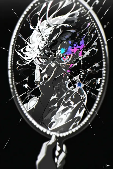 (masterpiece , best quality:1 . 4) , ((The Face in the Mirror, mirror scene)), 2.5D Style, Yoneyama Artstyle, yoneyama_mai, colorful surreal, abstract, floating hair,liquid hair, greyscale, blurry, colorful, chromatic aberration, paint splatter, paint, sha...