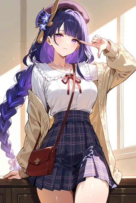 score_9, score_8_up, score_7_up, masterpiece, best quality, very aesthetic, absurdres, tunning image, attractive image, solo, 1girl, adult grown woman, raiden shogun \(Genshin Impact\), aiden_shogun, purple eyes, purple hair, very long hair, mole, mole und...