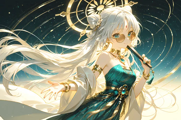 Medium shot, right side of the frame, facing left, beautiful woman with long silver hair silky and flowing, elegant Indian-inspired outfit in various shades of blue and teal with silver accents, celestial motifs, delicate jewelry with bindi and bangles, se...