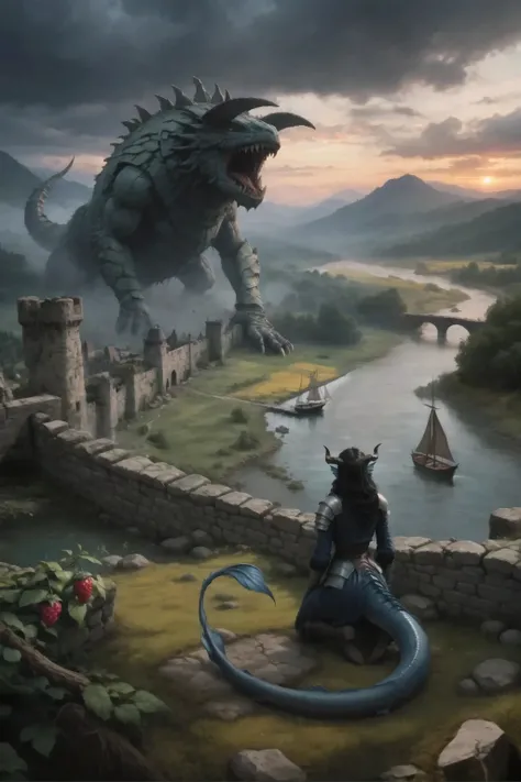 Kedra, (dark blue skin), girl, fins on the head, horns on the head, tail from behind, is kneeling, looks up into a black mirror with a long thick dragon tail from behind, the tail spreads across the floor in front of a girl with black hair dressed in lig...