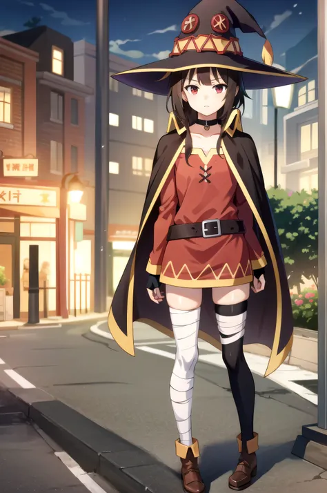 high body, high, Long legs, mature female, mature, adult, Eft_Consuba _Megumi, 1 maiden, Megumin, witch has, has, One, red eyes,  stockings,  raincoat, one tall, dress, belt, bandages, black  stockings, short hair, red dress, looks at the viewer, fingerles...