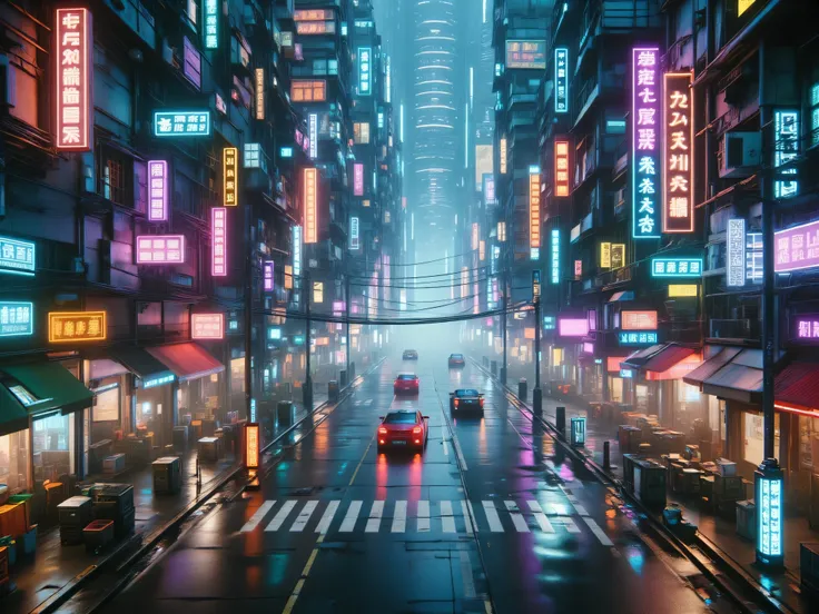((High angle,Overview)), cinematic rainy cyberpunk city street at night, neon signs glowing, wet asphalt reflecting lights, soft rain falling, ambient mist, futuristic buildings, moody atmosphere, 4K, slow camera pan, ultra realistic