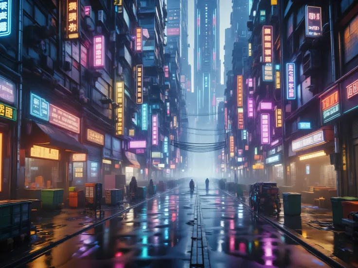 ((High angle,Overview, night, Neon sign)), cinematic rainy cyberpunk city street at night, neon signs glowing, wet asphalt reflecting lights, soft rain falling, ambient mist, futuristic buildings, moody atmosphere, 4K, slow camera pan, ultra realistic