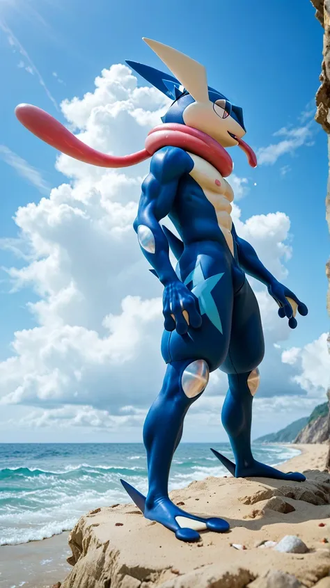 (    masterpiece,     best quality:1.2),Alone, greninja  male     \(Pokémon\),Pokémon \(creature\),    full body bikini,         there are no humans,    arms extended   ,     blue skin    ,      tight pants looking at the spectator ,blue sky,  posture: Sta...