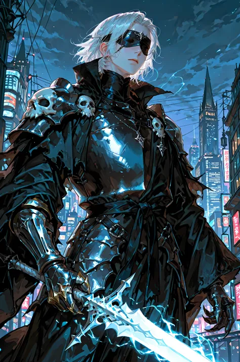 8k, beautiful masterpiece, looking ahead, alone, super pale skin, Perfect Eyes shape, Athletic Build, ((He wears: primarily black with silver accents = high collar Nazgul clothing with pointed shoulders and very wide sleeves, spiky steel cuirass, spiky ste...