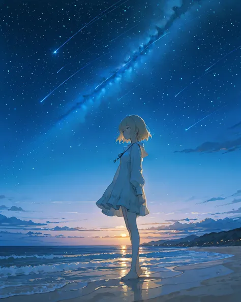 ultra detailed anime illustration, figure standing on a tranquil beach at night, the waves reflecting a star-filled sky with the Milky Way and shooting stars, gentle glow from the horizon, calm and ethereal atmosphere, vibrant blues and purples, high-resol...