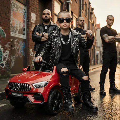 A tough-looking young boy with a shaved head, wearing glossy black sunglasses and punk-style clothing — a black leather jacket with sharp metal studs, ripped black jeans, and heavy combat boots. He sits confidently on a bright red toy car, one hand grippin...