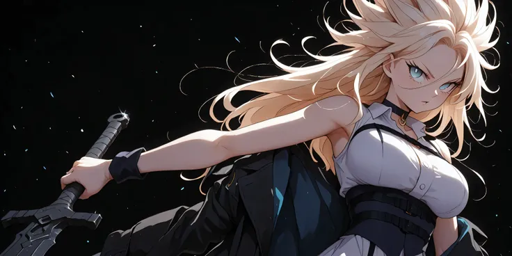 Uma obra-prima, Of the highest quality, ultra-detalhado, sozinho, Uma menina 1.70 m de altura , light blond hair with shades of gray, slightly messy hair, franjas longas, olhos azuis, a sadistic and trusting expression, fair skin and youthful curves, uma p...