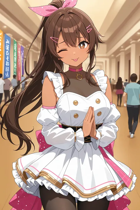 masterpiece, best quality, amazing quality, very aesthetic, safe, 1girl, palms together, worried expression, one eye closed, :p, looking at viewer, light blush, brown hair, long hair, ponytail, brown eyes, white pupils, dark skin, medium breasts, pink hair...