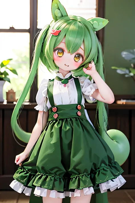 cute green-haired zundamon in playful pose, Elaborate character design , Delicate Details , surreal , photorealistic with the top off , 8k, masterpiece , is high resolution, ...